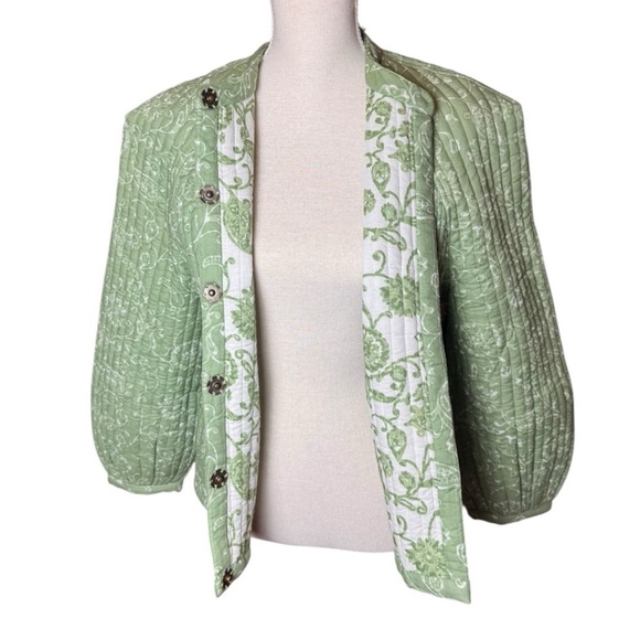 AERIN x Julia Amory Devon Quilted Ikat Jacket 100% Cotton Green Floral Size L - Picture 5 of 11